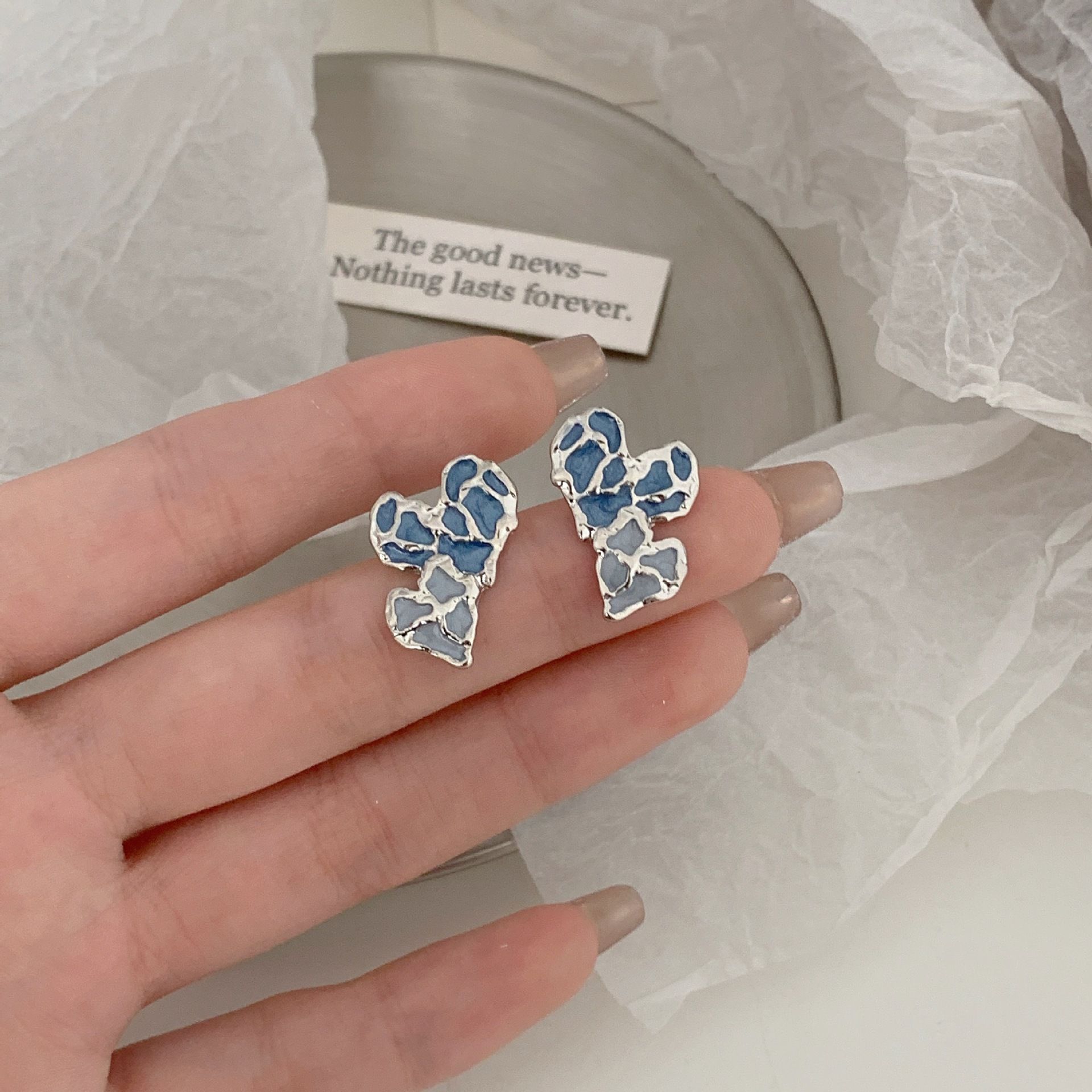 S925 Silver needle retro style irregular blue heart-shaped stud earrings, high-end and trendy earrings, color-blocking and personalized earrings details Picture