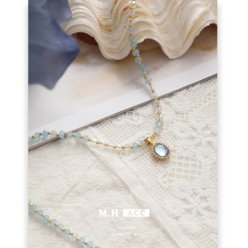ins Fresh aquamarine necklace wholesale, French romantic design, beaded collarbone chain, light luxury style, exquisite pendant Specification drawing