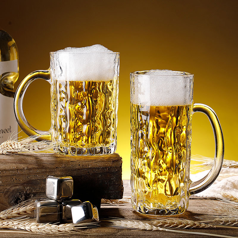 Tree-patterned household beer cups with handles, large draft beer cups, bar glass water cups, thickened tea brewing cups full figure