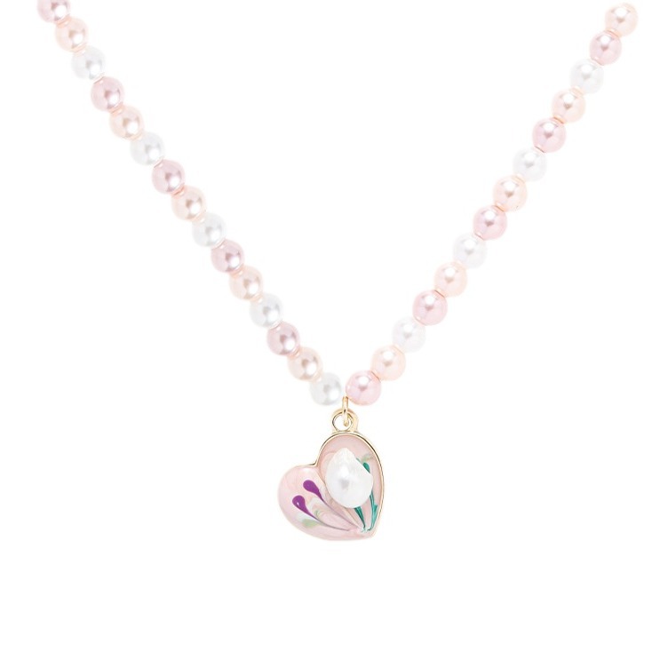 Pink heart-shaped pearl necklace, new sweet and cool style for women on Instagram, collarbone chain, French retro sweet girl style pendant trend Item Picture