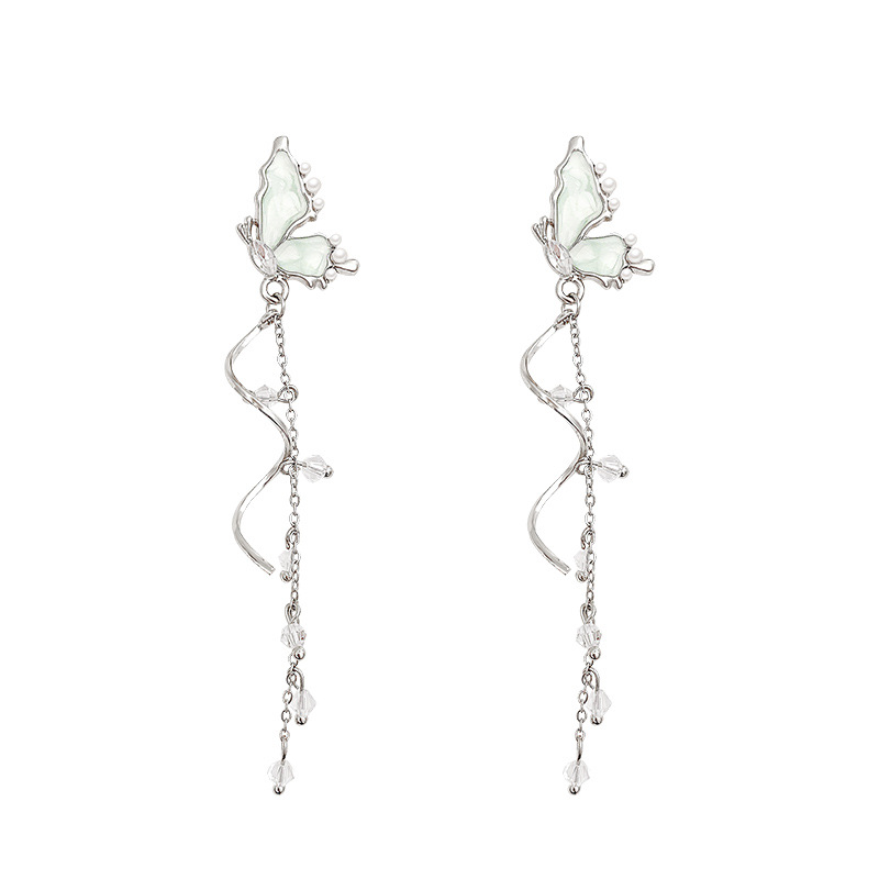 The super ethereal blue butterfly tassel earrings exude a sense of fashion and sophistication for women. The versatile pearl long stud earrings are best-selling earrings Item Picture
