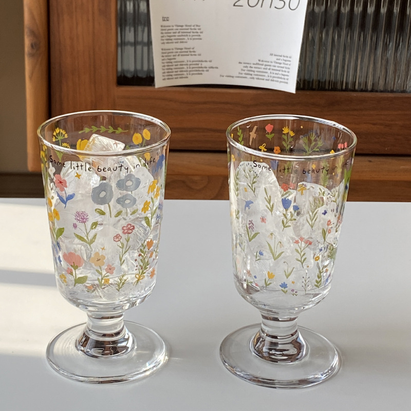 Retro French romantic tall glass, spring flower glass cup, dessert cup, niche and simple milk cup, heat-resistant details Picture