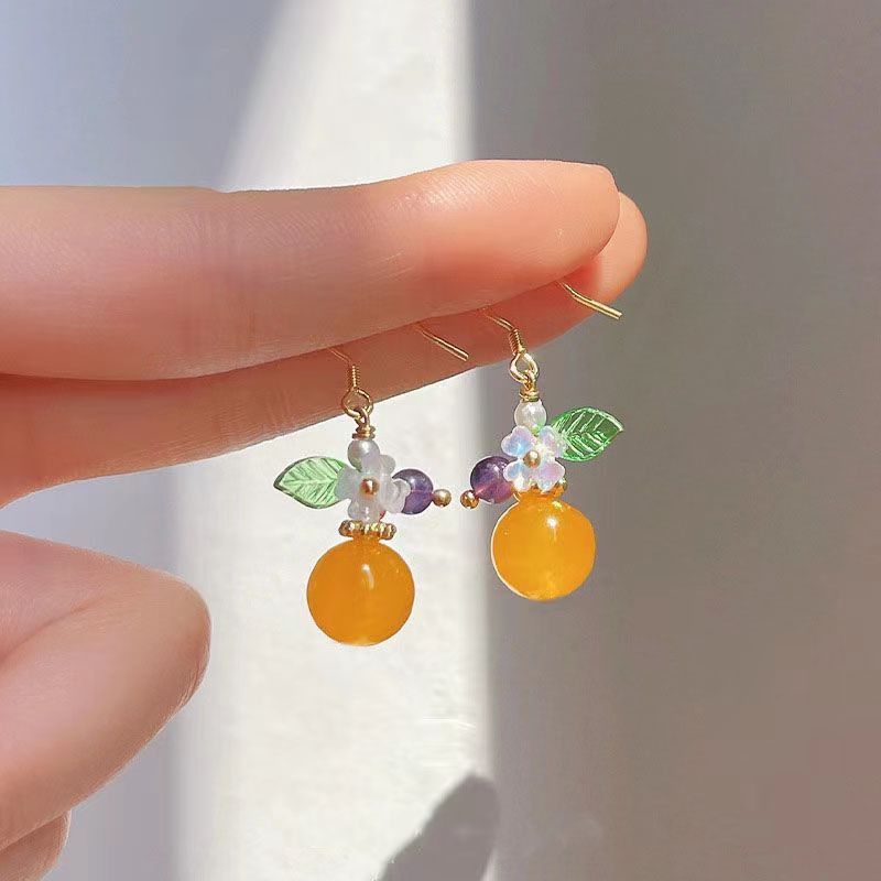 Super beautiful ~ Summer Orange ~s925 Niche creative design earrings, women's country style yellow jade flower stud earrings Application Scenario
