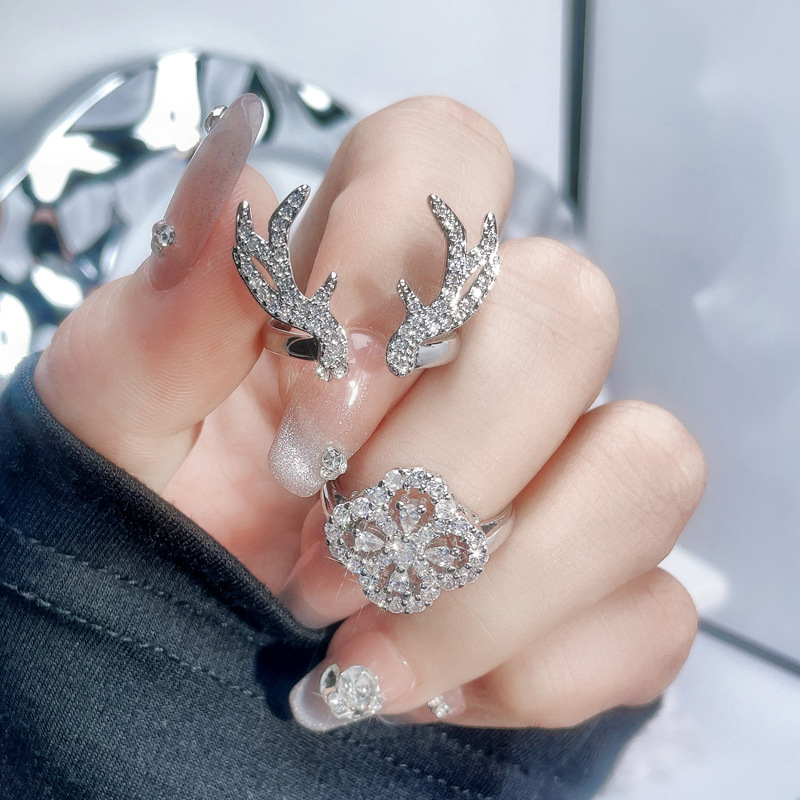 High-end, light luxury, antler full diamond open ring, sweet and cool, four-leaf clover flower, niche style, versatile ring trend details Picture