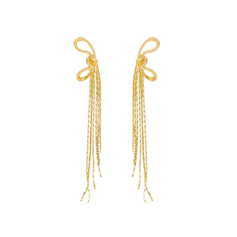 The light luxury bow tassel earrings exude a feminine charm and a high-end feel. The ear studs are unique and long. One piece, two pairs. Trendy earrings Item Picture
