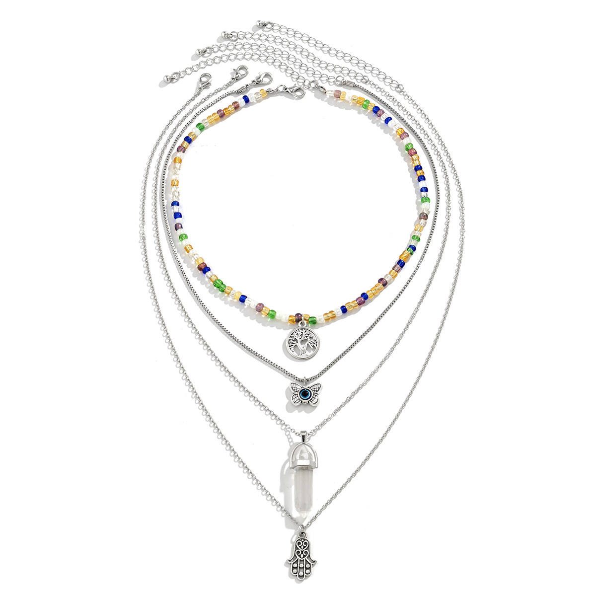 European and American cross-border jewelry: Simple and retro imitation crystal necklace, exaggerated layered butterfly Buddha's hand multi-layer tassel necklace Item Picture