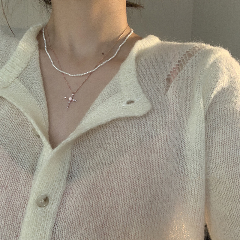 Cross Retro Pearl double-layer necklace, Korean zircon pastel cross necklace, feminine, niche retro style details Picture