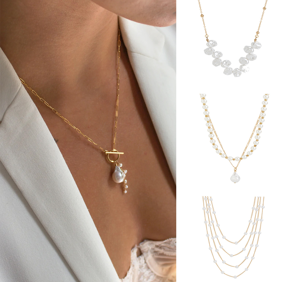 Simple and versatile European and American cross-border jewelry, beaded chain, collarbone neck chain, retro cold style, multi-layer pearl imitation necklace Specification drawing