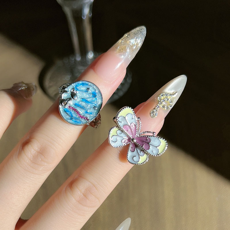 Galaxy Starry Sky Designer's oil painting style enamel ring, women's butterfly color block, cold and fashionable index finger ring for girls full figure