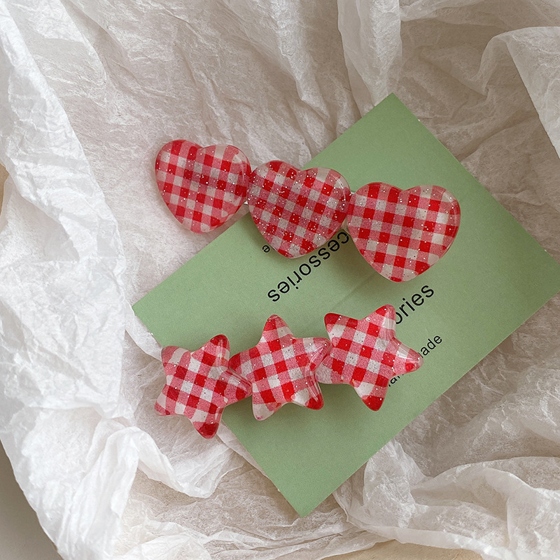 Sweet girl, cute hair clips, heart-shaped stars, red checkered side clips, bangs clips, duckbill clips, straight hair clips details Picture