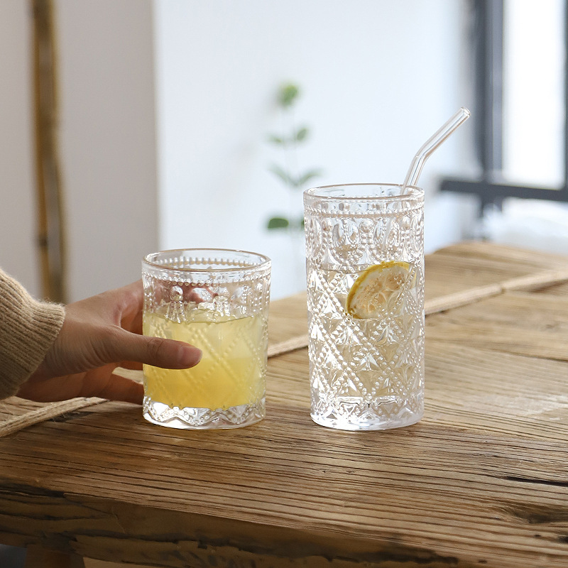 ins Nordic-style retro relief glass cups, large capacity milk cups for restaurants, wholesale of milk tea, juice and wine cups full figure