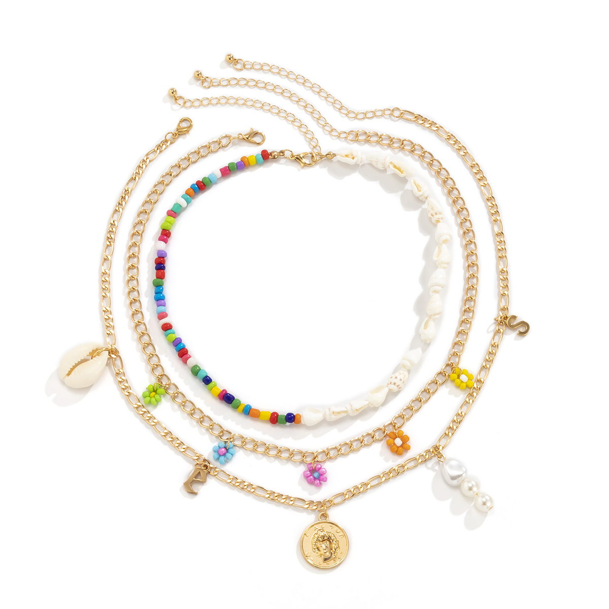 European and American pastoral patchwork asymmetrical shell imitation pearl necklace, retro geometric letter contrasting color Daisy rice bead necklace Item Picture