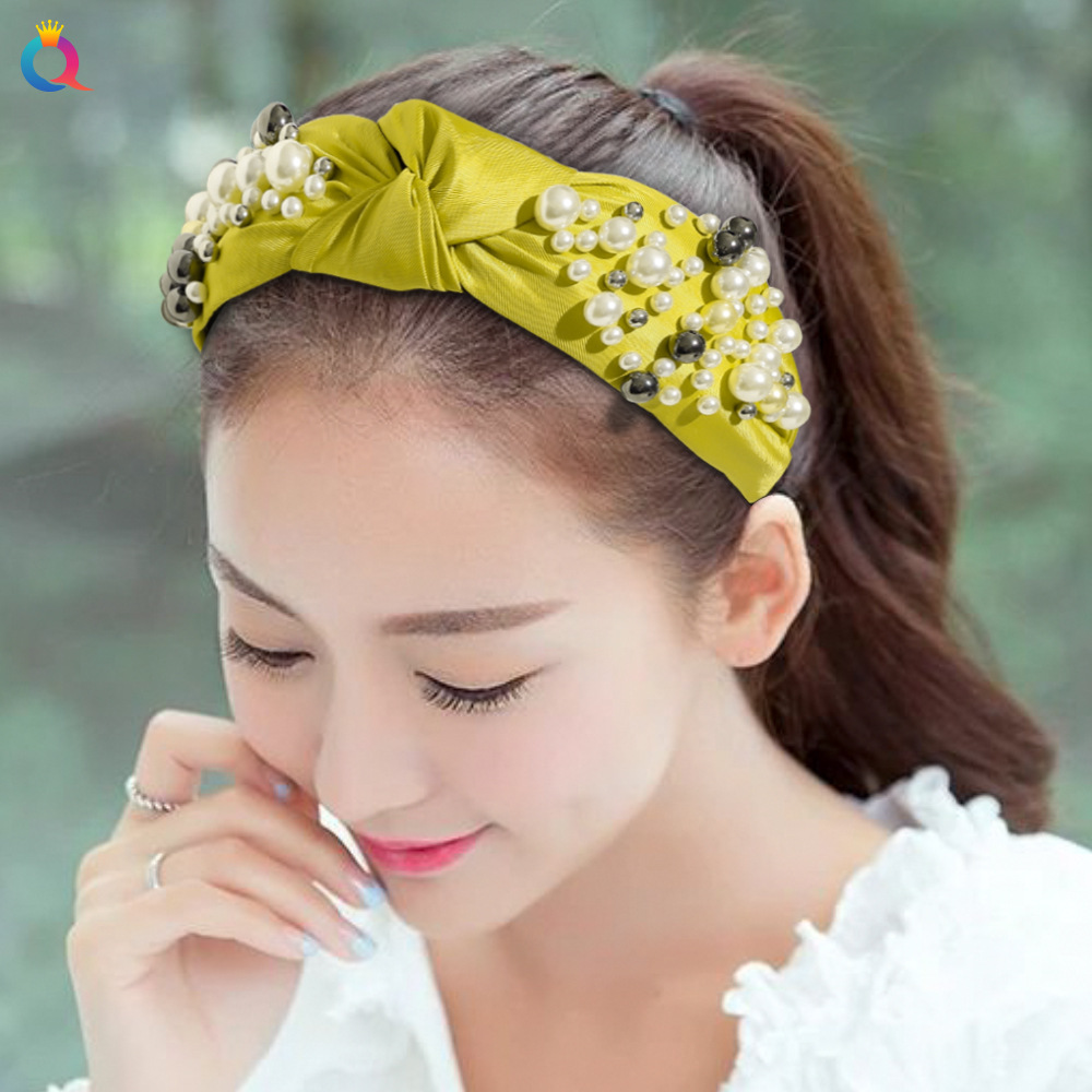 Qiyue's new cross-border pearl headband with wide edges, PU leather headband and fashionable pleated headwear for women wholesale Specification drawing