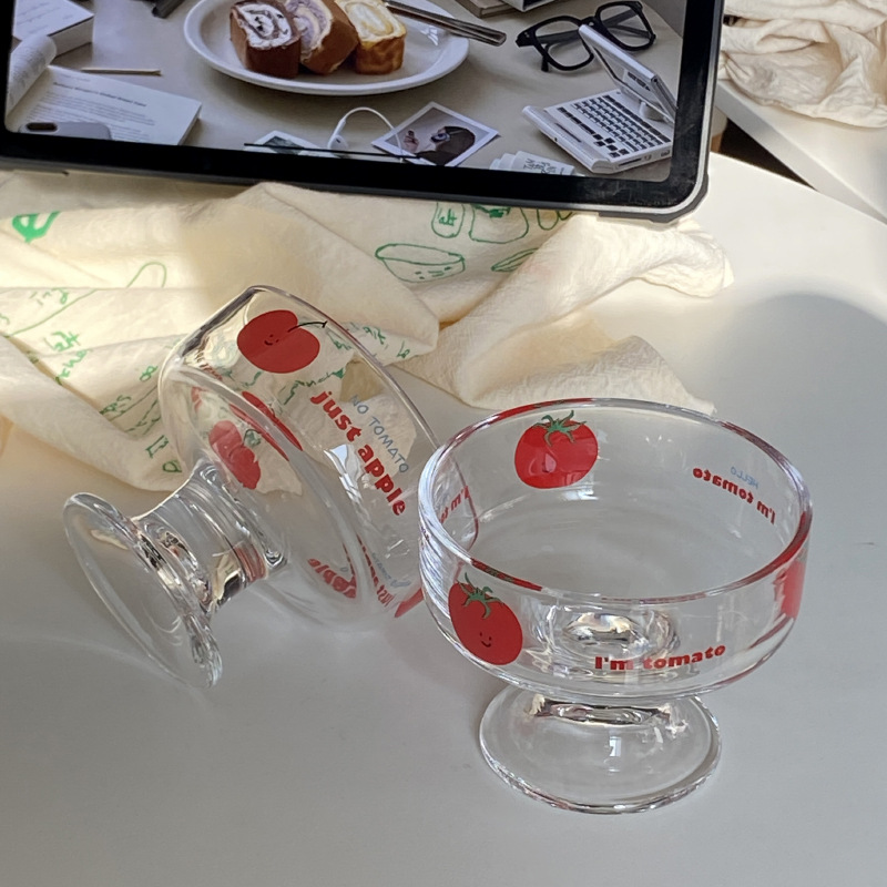 Niche apple tomato high-legged dessert, glass cup, ice cream pudding cup, cute cartoon fruit plate gift full figure