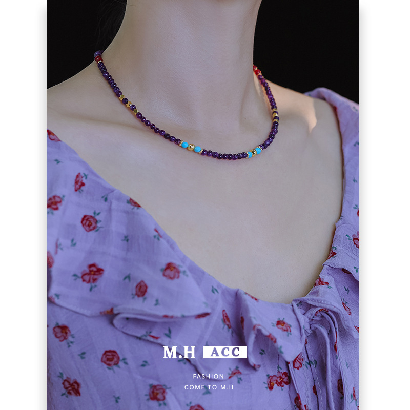 New Chinese-style design sense amethyst beaded necklace, retro elegance, light luxury, niche high-end feel, collarbone chain for women wholesale Specification drawing
