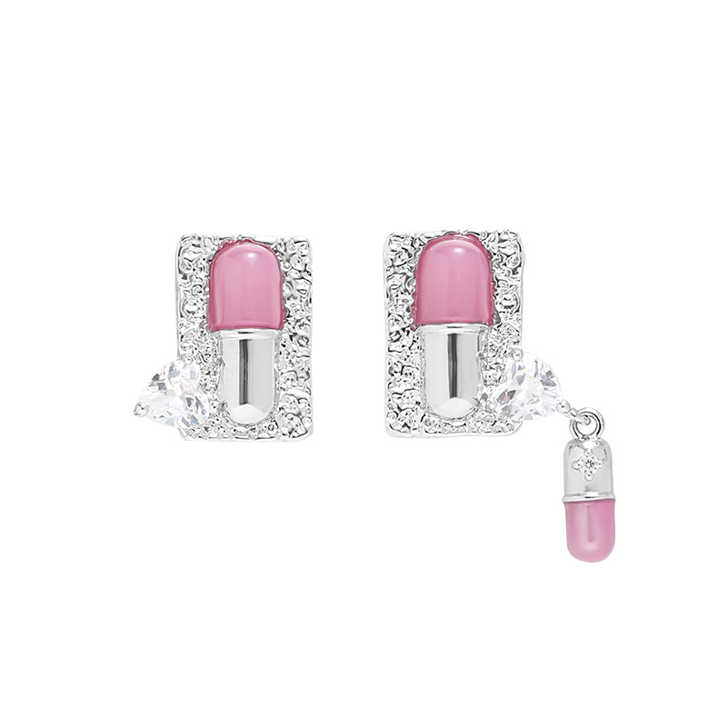 ins Fashion pink pill-shaped earrings 925 silver needle, high-end, sweet and cool style, original and niche design earrings for women Item Picture