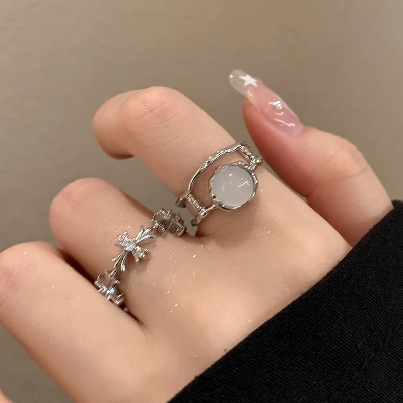 Cold style moonstone cross zircon open ring for women's Instagram niche design sense index finger ring, personalized ring full figure