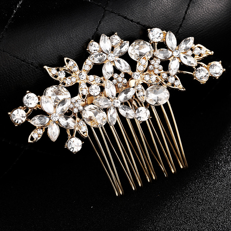 New European and American bridal accessories: Golden floral hair comb, studio makeup plate, hair pin comb, alloy rhinestone hair accessory and headwear Specification drawing
