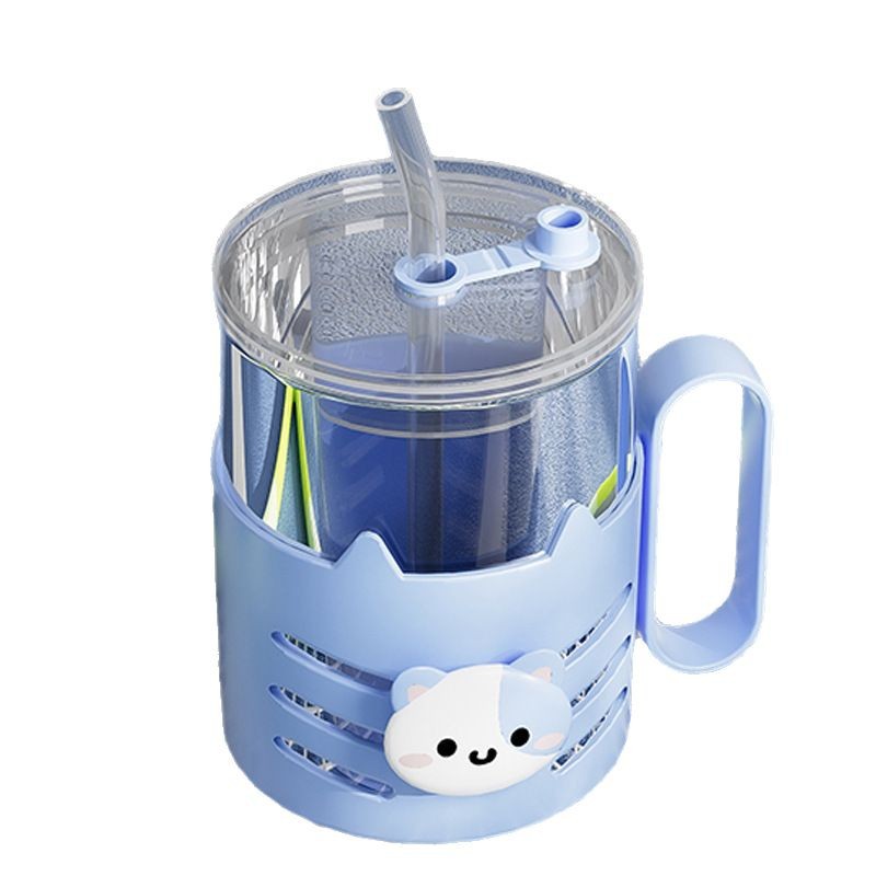 Double-layered glass cups with handles, cartoon printed straw cups, cute breakfast cups, gift water cups, milk straw cups Item Picture