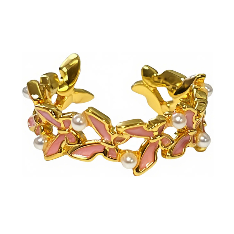 A trendy new Chinese-style gourd-shaped pink flower enamel sweet and cool ring with a cold and elegant female butterfly style Item Picture
