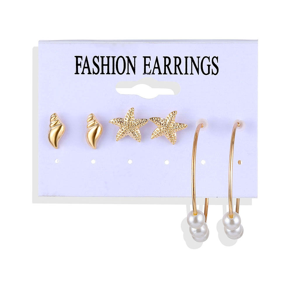 European and American cross-border shell pearl fashionable feminine charm earring set, European and American retro ring earring 6-piece set Item Picture