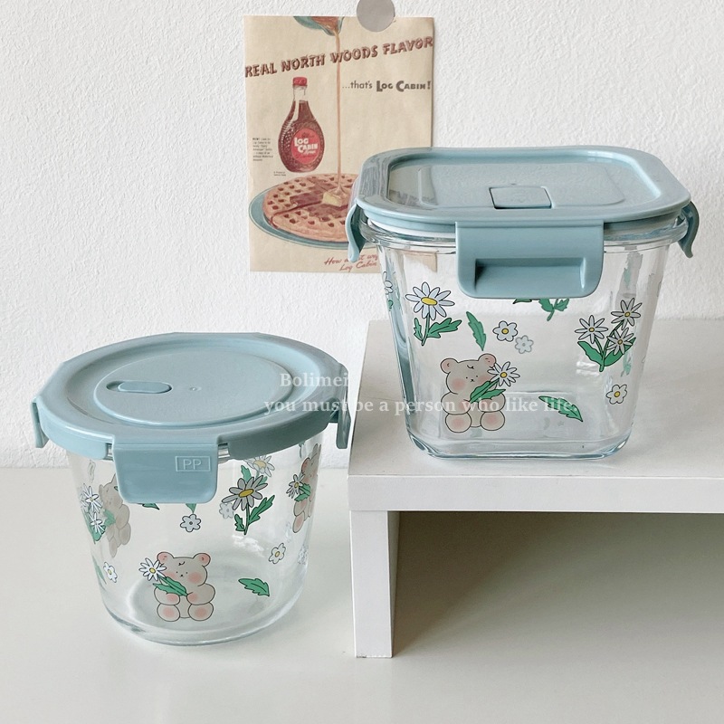 Bolimei Daisy Bear Food Preservation Bowl, heat-resistant glass food preservation box, covered soup bowl, portable glass bowl details Picture