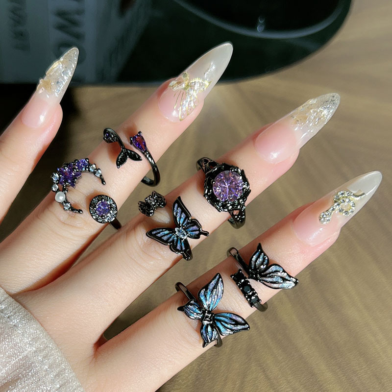Cross-border, unique, cool, dark butterfly opening ring, gender-neutral, niche punk star and moon purple diamond fashion ring full figure
