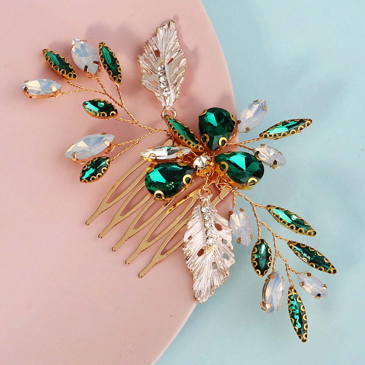 European and American cross-border water diamond bride hair comb, versatile green crystal headwear, five-toothed insert comb, wedding banquet hair accessory details Picture