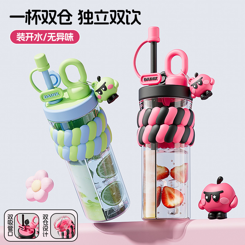 Wholesale new creative girls' high appearance level straw water cups, double-drinking double-compartment cups, cartoon student cute plastic cups details Picture
