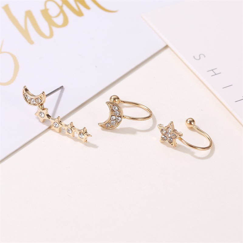 Cross-border bestseller set: no-ear piercing earrings, Full diamond stars and Moon 3-piece set of ear clips, women's cross-border trendy earrings details Picture