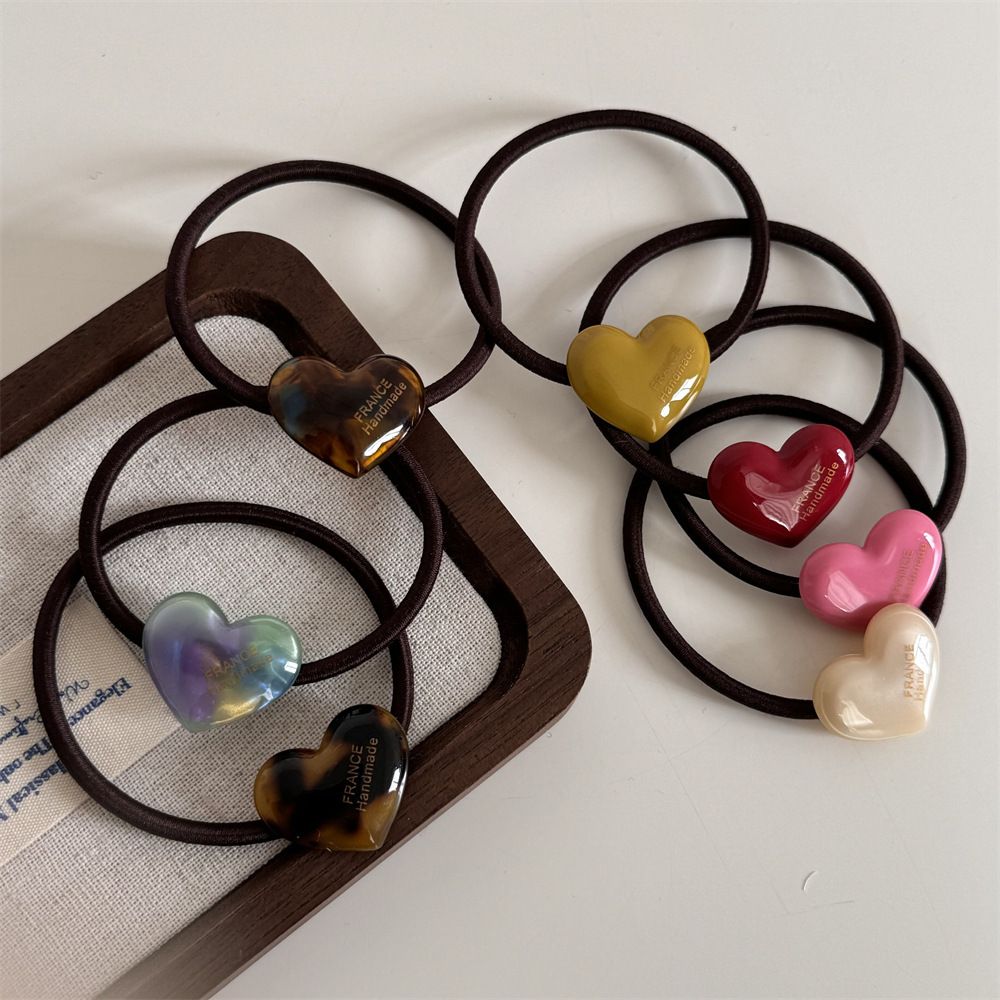 Gold label heart-shaped acetate candy-colored hair band, high-elasticity rubber band, cute and sweet, high ponytail hair tie details Picture