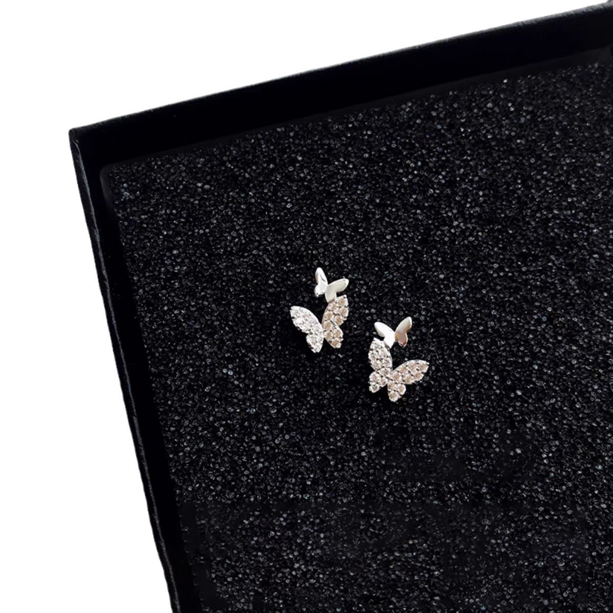 The 2025 new style micro-inlaid zircon fairy forest butterfly pattern stud earrings are simple and compact, featuring stud earrings and stud clips Item Picture