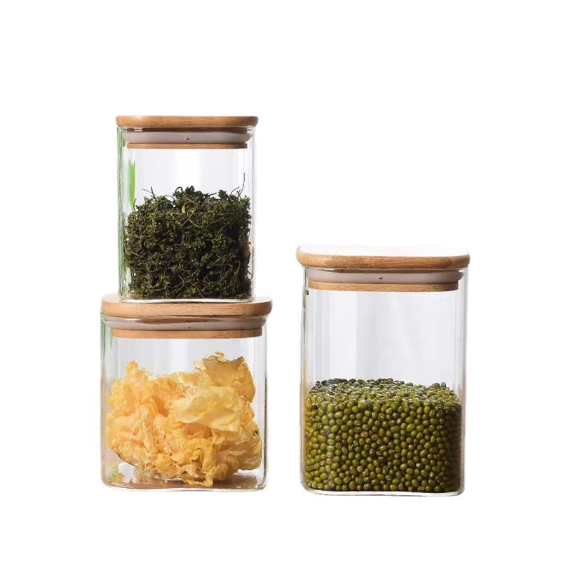 Square sealed jar, large-capacity glass jar, household kitchen organizing and storage jar, moisture-proof bamboo lid tea jar Item Picture