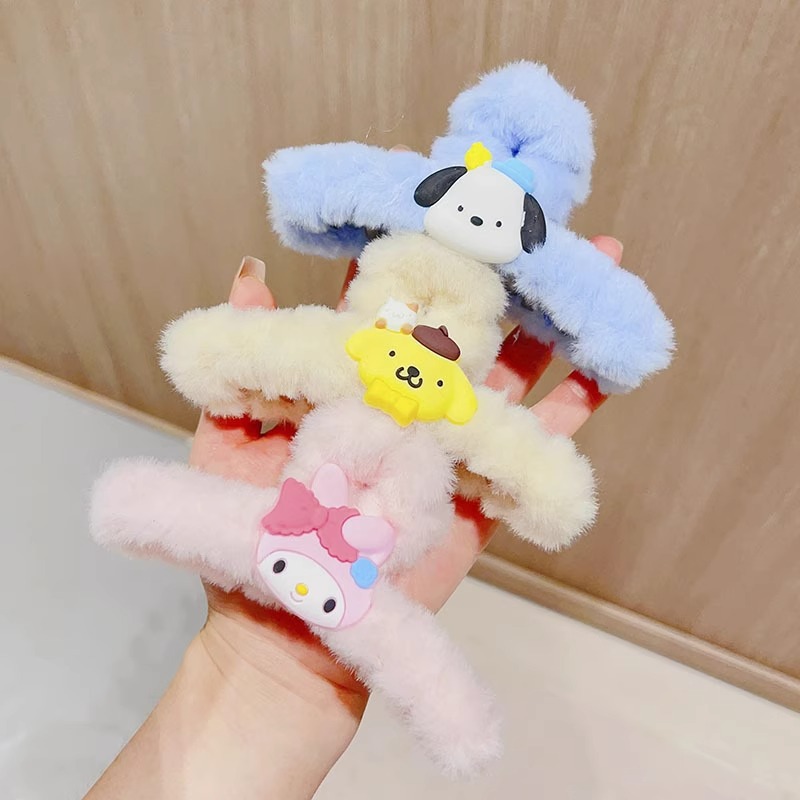 Sanrio plush hair clips for women, cute spring and summer fur grab clips, shark clips, large cartoon Kolomi hair clips Specification drawing