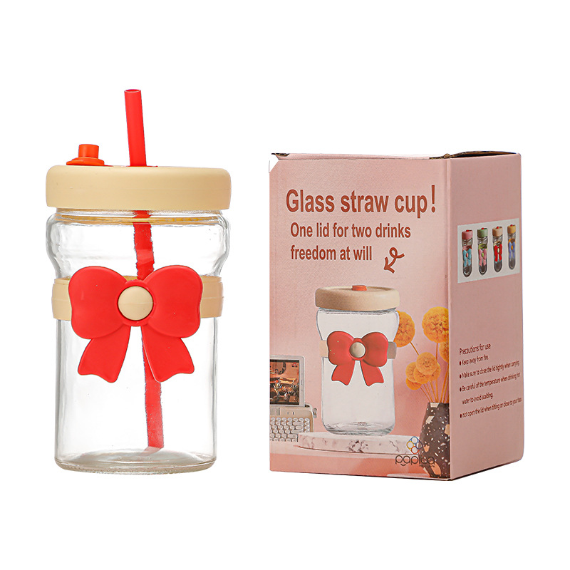 Creative butterfly water cup, cute bow straw cup for girls, couple gift cup, 480ml covered glass cup Item Picture