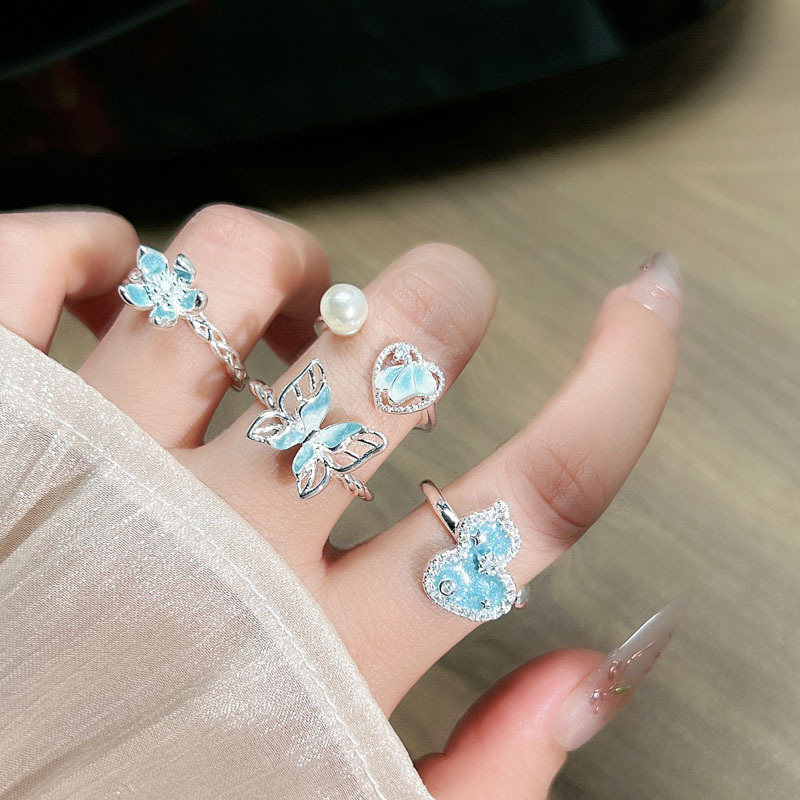 Xiaoxiang Air quality sea blue gradient enamel butterfly open ring, a fashionable butterfly flower personalized light luxury ring for women details Picture