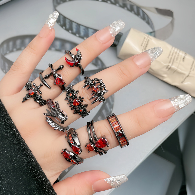 Punk dark style individual red diamond open ring, gender-neutral style, spicy girl layering, unique and niche design index finger ring details Picture