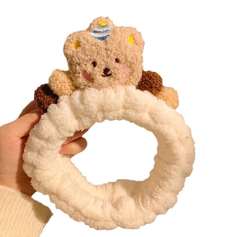 New cartoon coffee-colored cute bear hair band, plush face wash, makeup, mask application, spring and summer hair tie, women's hair band Item Picture