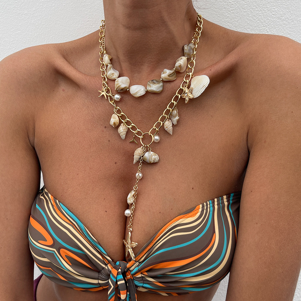 European and American cross-border jewelry, vacation style pearl conch shell niche necklace, beach and ocean style alloy collarbone chain full figure