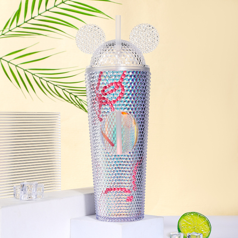 Wholesale of new cross-border products: Double-layer Mickey Durian cup, diamond plastic straw cup, large-capacity colorful straight water cup Application Scenario
