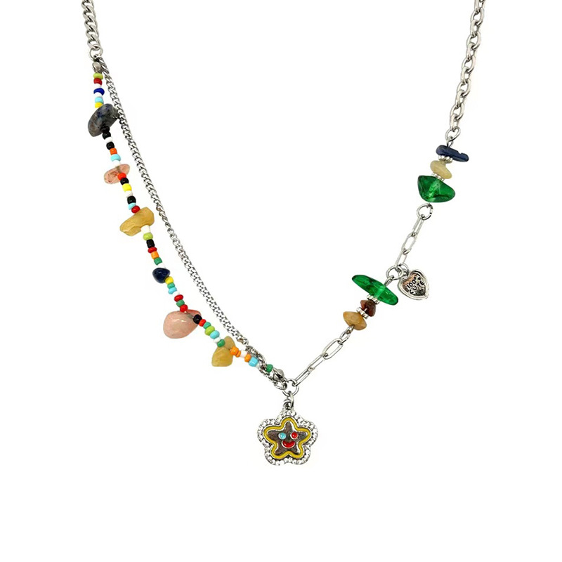 A playful and colorful flower smiling titanium steel necklace for women. Summer dopamine beaded collarbone chain that won't fade Item Picture