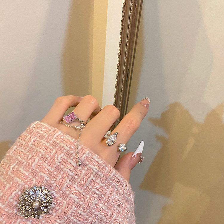Korean version pink zircon stacked geometric tassel chain opening adjustable ring, women's Instagram niche design, high-end details Picture