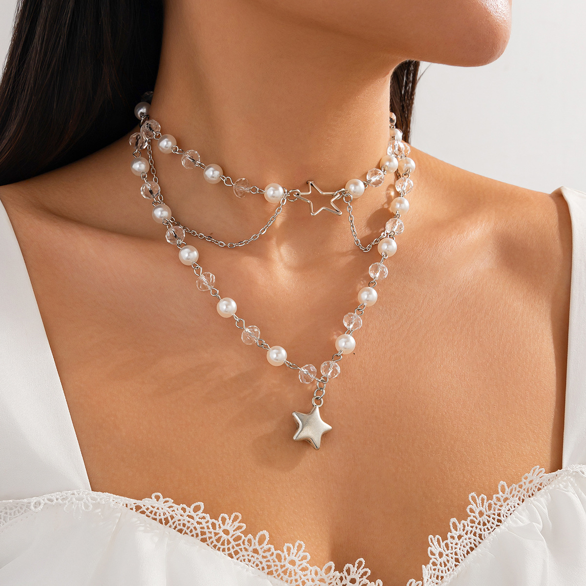 European and American cross-border jewelry fashion five-pointed star pearl string Necklace simple printed heart alloy Necklace details Picture