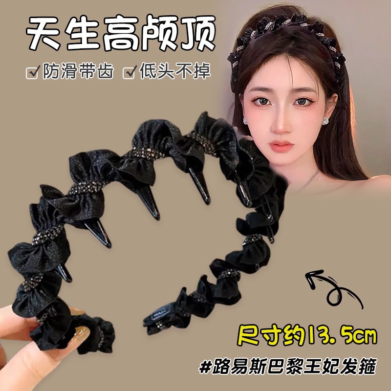 Black braid high top hairband with a high-end feel, light luxury water diamond hairband, daily external wear headband, toothed anti-slip hair clip Application Scenario