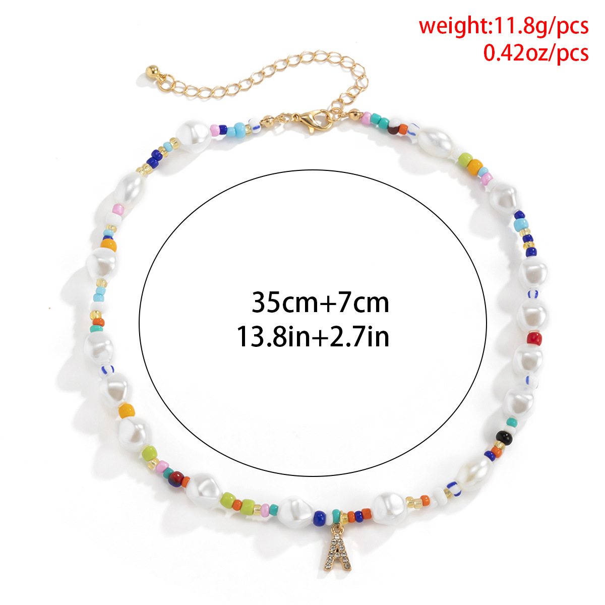 Ethnic style, unique color contrast, pearl-like short collarbone chain necklace, European and American geometric letter A pendant, a niche necklace Specification drawing