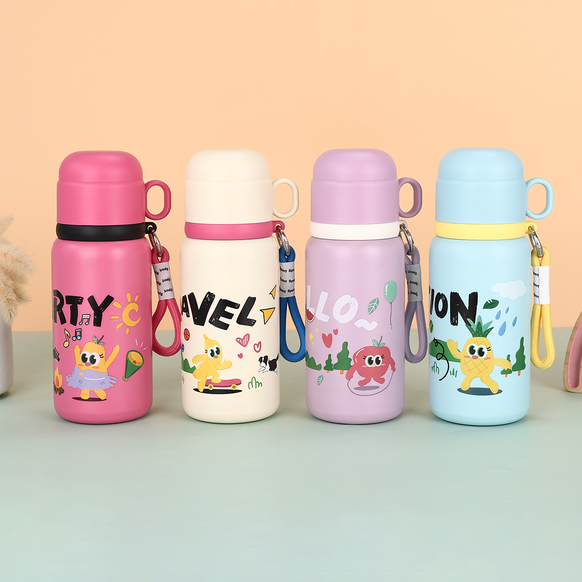 Cartoon 316 stainless steel children's insulated cup, outdoor anti-drop portable cup with handle rope, vacuum sports water bottle full figure