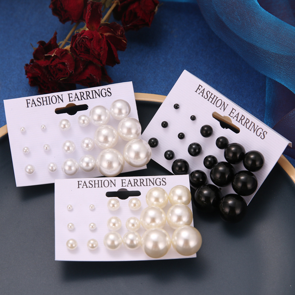 9 simple, classic and versatile pearl stud earrings in various sizes from Europe and America, with white card ear pins and ball-shaped earrings full figure