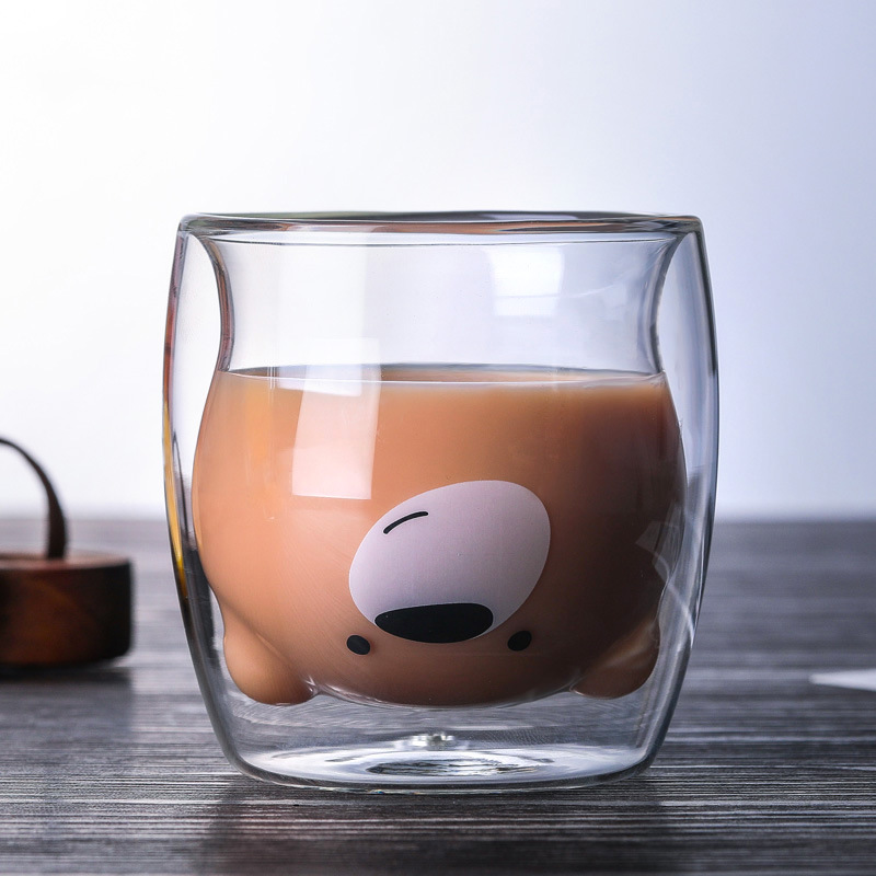 Double-layer heat-resistant little bear cup, glass cup, cute cartoon little bear inner liner, gift cup, water cup, transparent glass cup Specification drawing