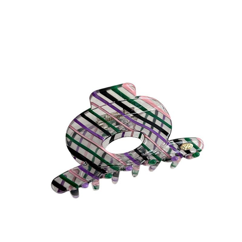 YD striped acetate scratch-clip small 2025 new high-end style hair clip for women, semi-tied hair at the back of the head shark clip headwear Item Picture