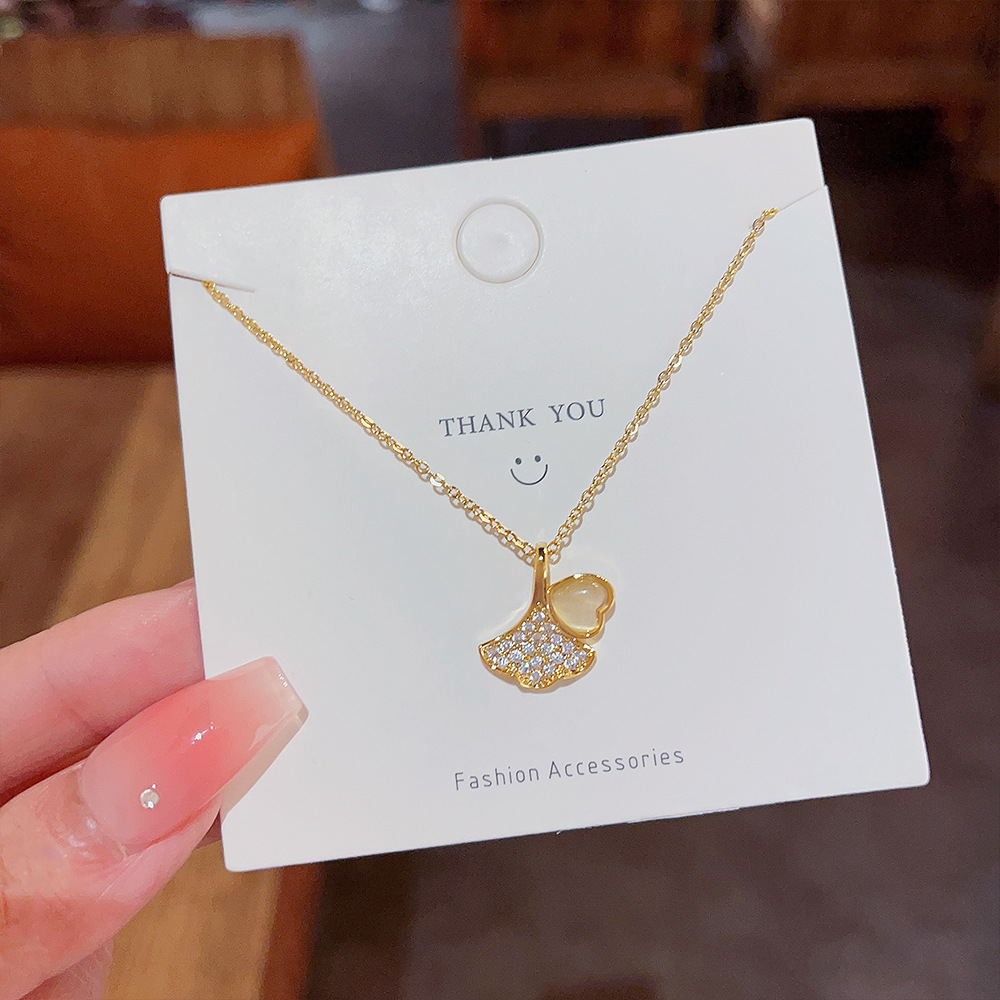 Ginkgo leaf cat's eye stone titanium steel necklace for women on Instagram, cold style, high-end, versatile, simple collarbone chain, fashionable neck chain Specification drawing